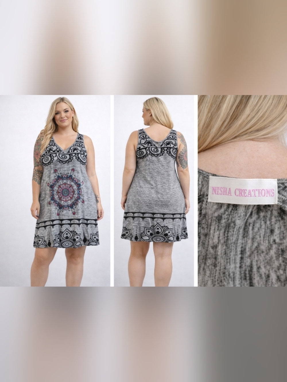 Gray Sleeveless Mandala Print Dress